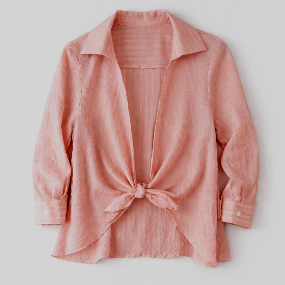 POPVIL Pink Striped Tie Front Blouse Cottagecore Coastal Cover Up